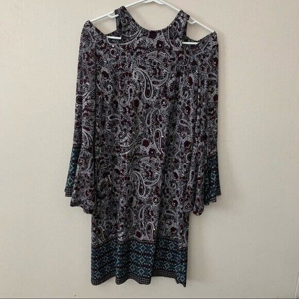 Cato Paisley Cold Shoulder Bell Sleeve Slinky Dress‎ Womens Size Small